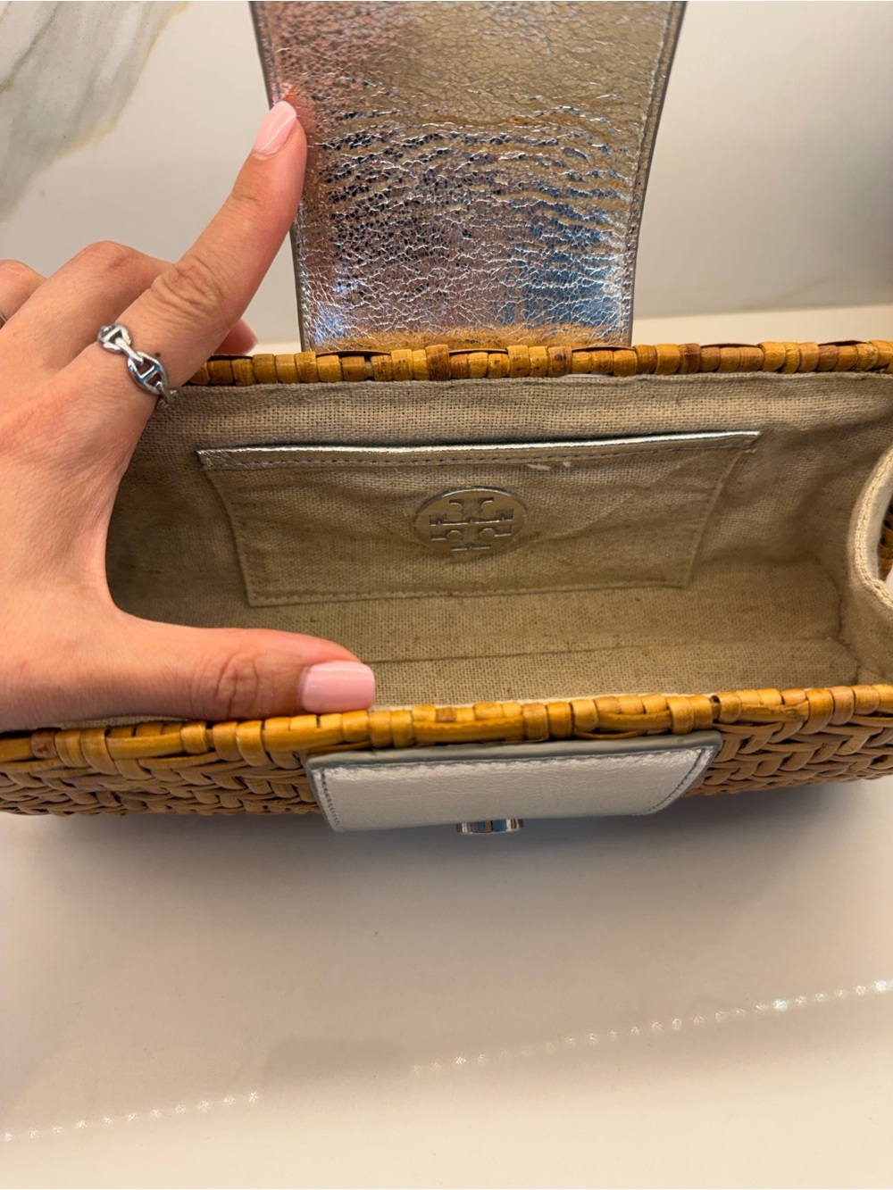 Tory Burch Rattan Woven Straw Clutch with Silver Metallic Accent - Picture 4 of 4